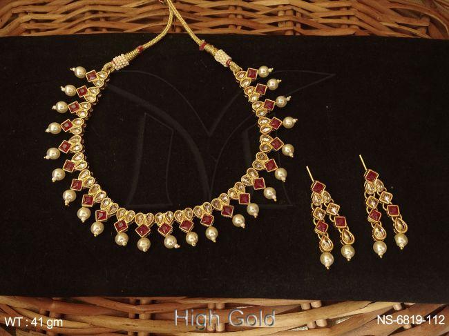 thin delicate shaped with stones studded antique necklace set