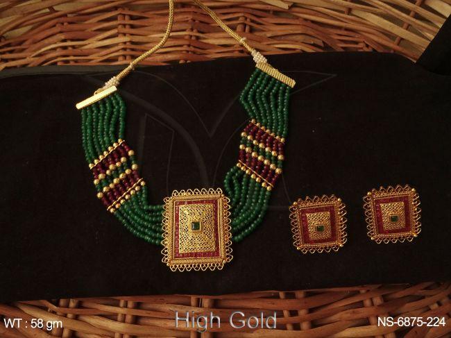 High Golden Polish Square Pendant Antique Necklace Set