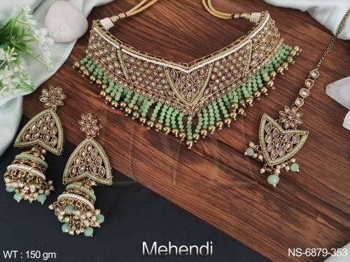 Polki Full Stone Mehendi Polish Choker Heavy DEsgner Necklace Set.