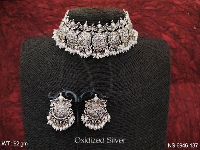 Clustered pearl Oxidized Silver Round Shape  Necklace Set