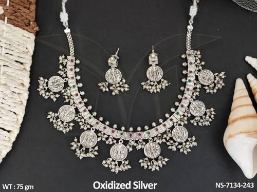 designer oxidized silver temple kemp coin clustered pearl choker style necklace set