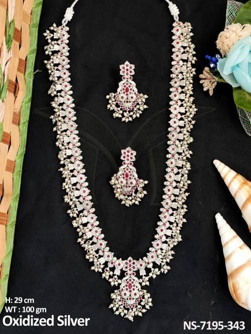 Oxidized Silver Polish Beautiful Designer Clustered pearl Long Necklace Set
