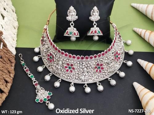 Designer Kemp Oxidized Silver Temple Laxmi Design Choker Necklace Set — NS-7227-265