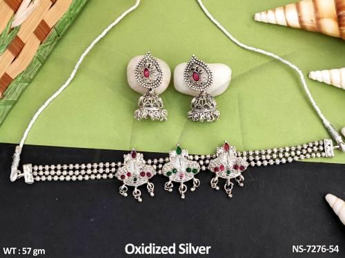 designer oxidized silver polish 3 layer beaded peacock design beautiful choker style necklace set