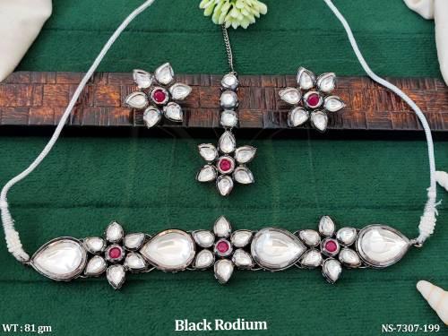 black rodium polish designer full white kundan stones party wear choker style necklace set