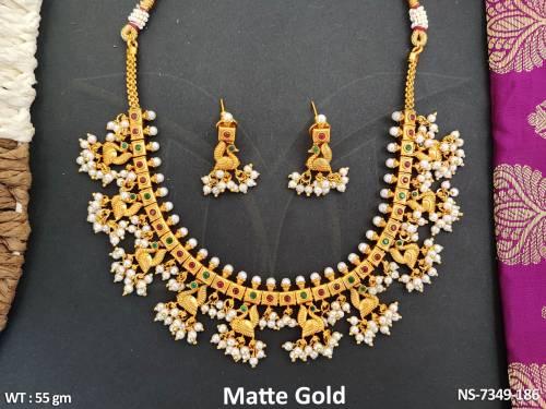 Beautiful Kemp Jewelry Full Stones clustered Pearl Tassels Matte Gold Polish Designer Party wear Choker Necklace Set