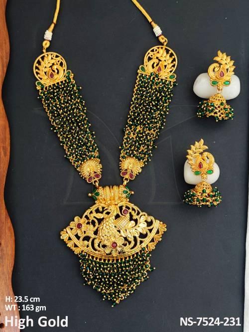 Designer High Gold Polish Beautiful Kemp Jewelry Peacock Design Pendant  Party wear Fancy Long Necklace Set — NS-7524-389