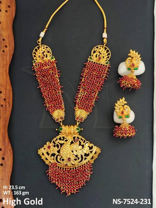 Designer High Gold Polish Beautiful Kemp Jewelry Peacock Design Pendant  Party wear Fancy Long Necklace Set — NS-7524-389