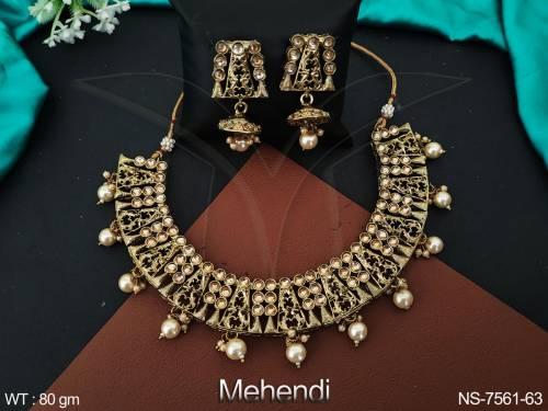 Beautiful Antique Full stone Mehendi Polish Designer Clustered Pearl Party wear Choker Necklace Set