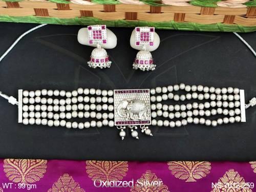 beautiful ethnic beaded 5 layers oxidized silver polish elephant pendant design party wear fancy style choker style necklace set