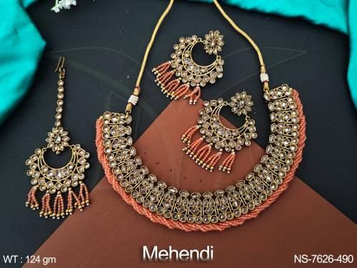 designer fancy style mehendi polish full white polki stones beautiful party wear choker necklace set