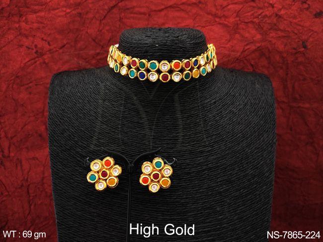 Designer Fancy Style Multi Color Full stones High Gold Polish Beautiful Party wear Choker Style Necklace Set