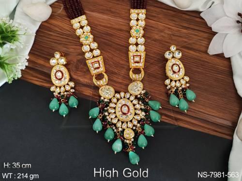 kundan jewelry beautiful fancy style kundan white stones high gold polish party wear long necklace set with maang tikka