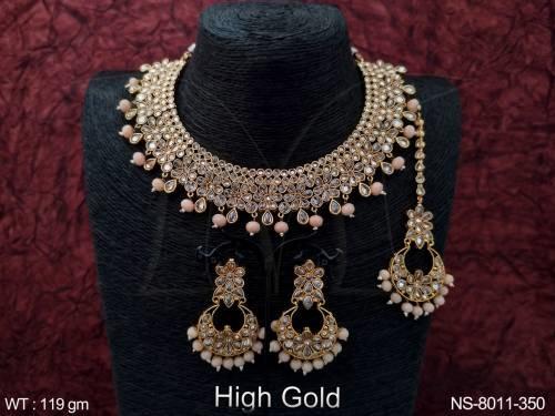 Designer Antique Full white stones High Gold Polish fancy style Choker Necklace Se with Maang Tikka