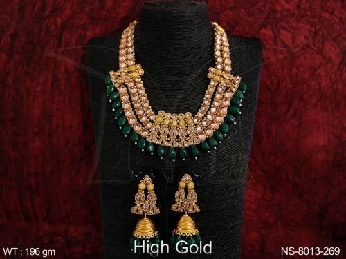 Beautiful Fancy Style High Gold Polish Antique Full white stones Clustered Pearl Heavy Choker Necklace Set