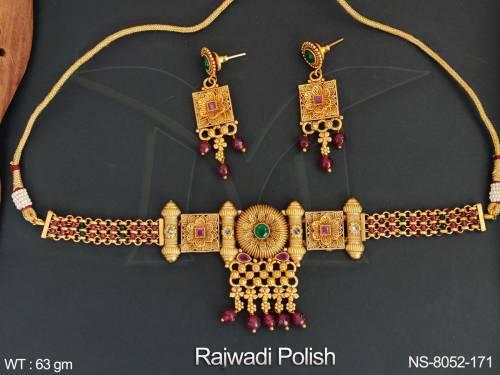 Rajwadi Polish Beautiful Antique stones clustered Pearl Fancy Style Party wear Choker Style Necklace Set