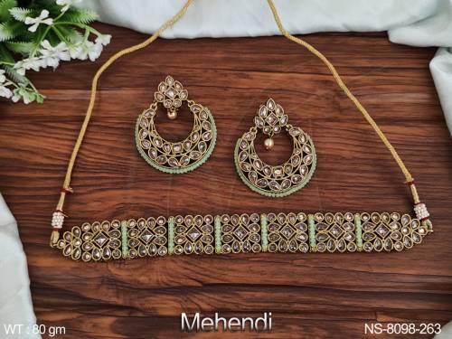 beautiful mehendi polish full antique white stone designer party wear fancy choker style necklace set