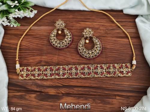 mehendi polish designer beautiful antique full white stones party wear choker necklace set