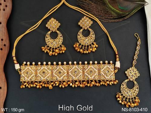 Antique Full white stones Designer High Gold Polish Party wear Beautiful Choker Necklace Set with Maang Tikka — NS-8103-410