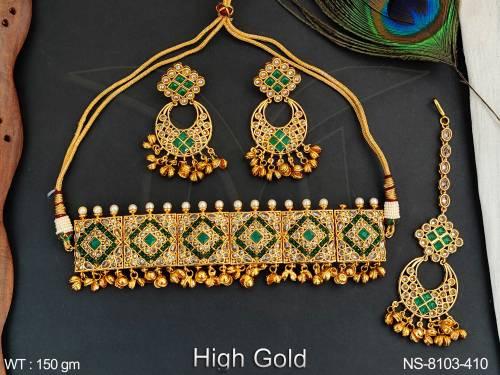 Antique Full white stones Designer High Gold Polish Party wear Beautiful Choker Necklace Set with Maang Tikka — NS-8103-410
