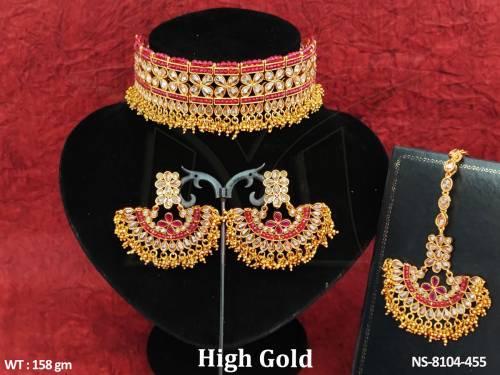 high gold polish beautiful antique full white stones designer party wear heavy choker necklace set