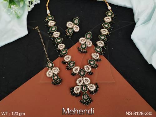 antique designer paan shape full stone traditional necklace with maang tikka