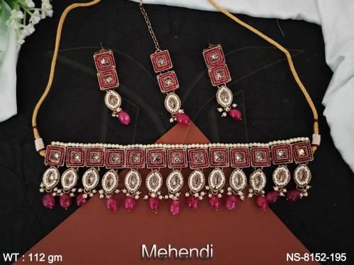 antique designer mehendi polishe squear & paan shape stone beautiful necklace set