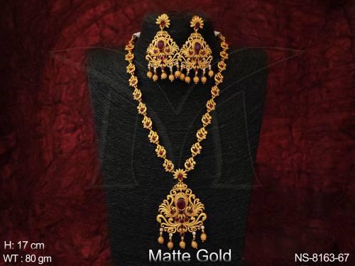 Matte Gold Polish Designer Fancy Style Full Stones Antique Beautiful Long Necklace Set