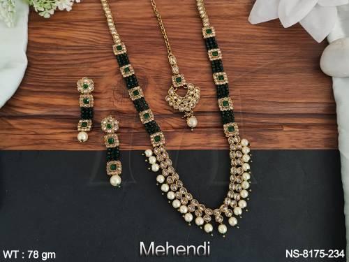 fancy style antique full white stones mehendi polish party wear long necklace set