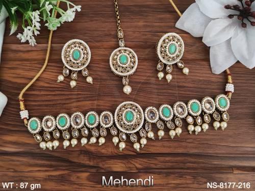 beautiful antique style full white stones mehendi polish party wear necklace set with maang tikka