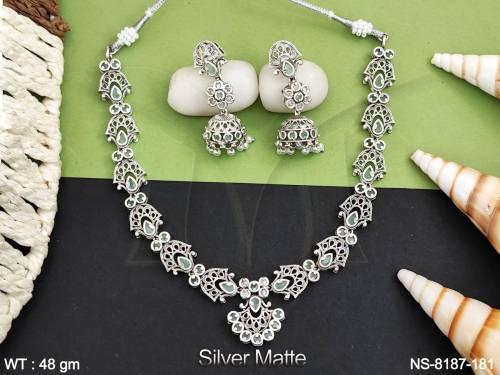 Beautiful Fancy Style Designer Silver Matte Polish Full white stones Party wear Choker Necklace Set — NS-8187-181