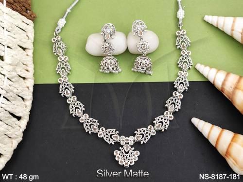 Beautiful Fancy Style Designer Silver Matte Polish Full white stones Party wear Choker Necklace Set — NS-8187-181