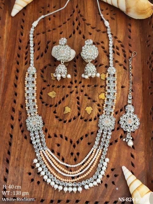 White Rodium Polish Antique Full Stones Clustered Pearl Designer Beautiful Fancy Style Long Necklace Set