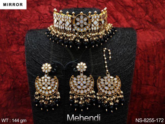 kundan jewelry beautiful full stones clustered pearl tassels high gold polish choker necklace set