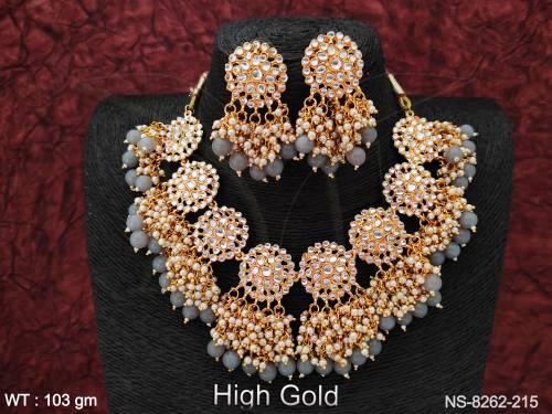 Designer Fancy Style Beautiful Antique Full Stones Clustered Pearl Tassels High Gold Polish Party wear Choker Necklace Set — NS-8262-215
