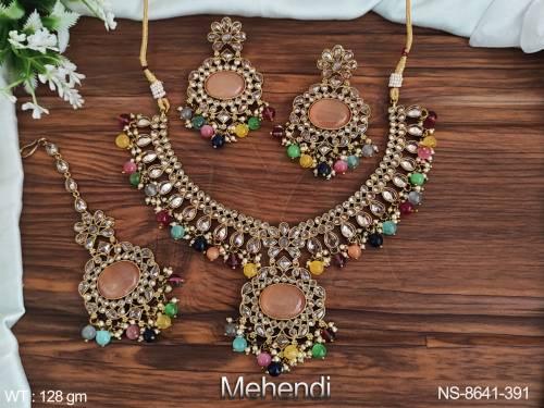 Mehendi Polish Full Antique Stones Designer Fashion Party wear Choker Necklace Set