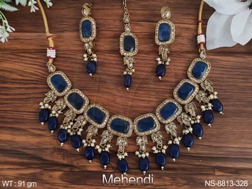 party wear fancy style beautiful antique designer choker necklace set with maang tikka