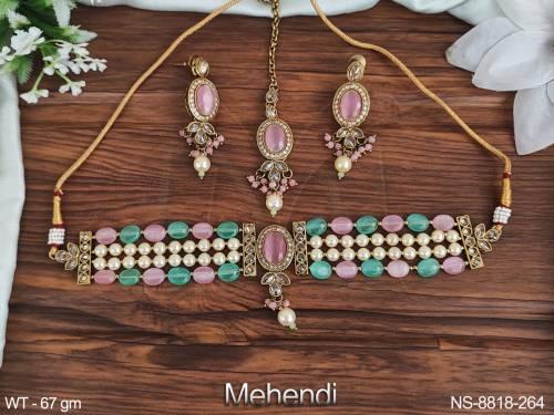 mehendi polish designer party wear beautiful necklace set with maang tikka