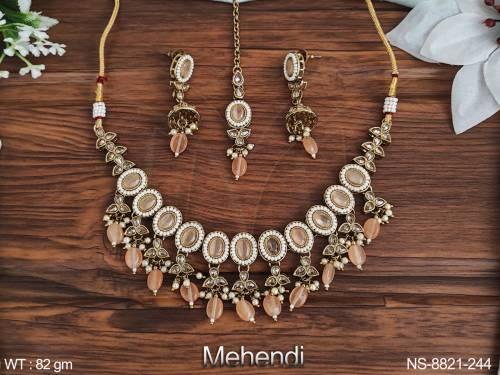 beautiful fancy style mehendi polish designer antique choker necklace set with maang tikka