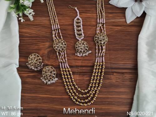 Beautiful Mehendi Polish Designer Party wear Long Necklace Set with Maang tikka