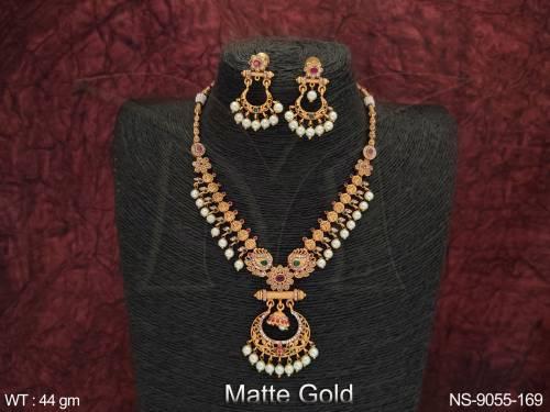 Temple Jewelry Full Stones Beautiful Matte Gold Polish Designer Long Necklace Set