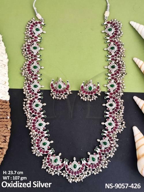 Beautiful Antique Full Stones Clustered Pearl Tassels Party wear Oxidised Silver Necklace Set