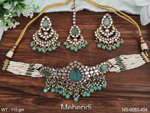 Beautiful Designer Mehendi Polish Fancy Style Mirror Choker Necklace Set 