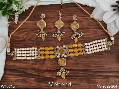 Beautiful Clustered pearl Mehendi Polish Fancy Style Party wear Necklace Set with Maang Tikka 