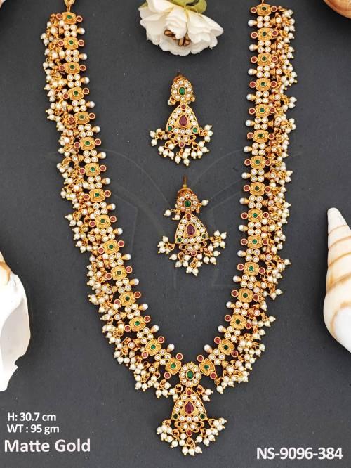 Full Stones Beautiful Matte Gold Polish Party wear Antique Long Necklace Set