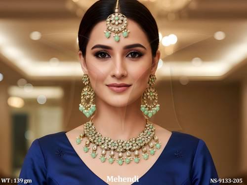 Mehendi Polish Designer Full Antique Stones Party wear Choker Necklace Set with Maang Tikka 