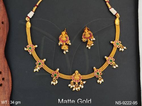 Beautiful Design MAtte Gold Polish Designer Gold Laxmi Temple Necklace Set