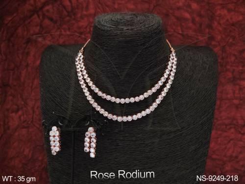 Rose Rodium Beautiful Party wer Designer 2 Layer Cz Ad Full stones Long Necklace Set