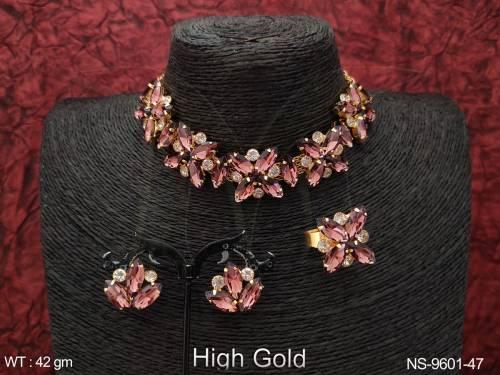 Designer High Gold Polish Beautiful Stones Party wear Western Style Necklace Set 