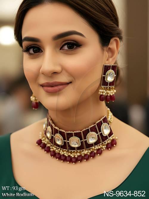 Kundan Stones White Rodium Polish Designer Party wear Heavy Kundan choker Necklace Set